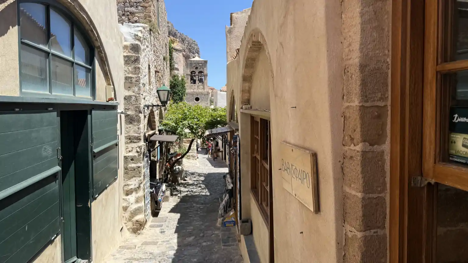 Alleyways in Monemvasia with small shops and churches