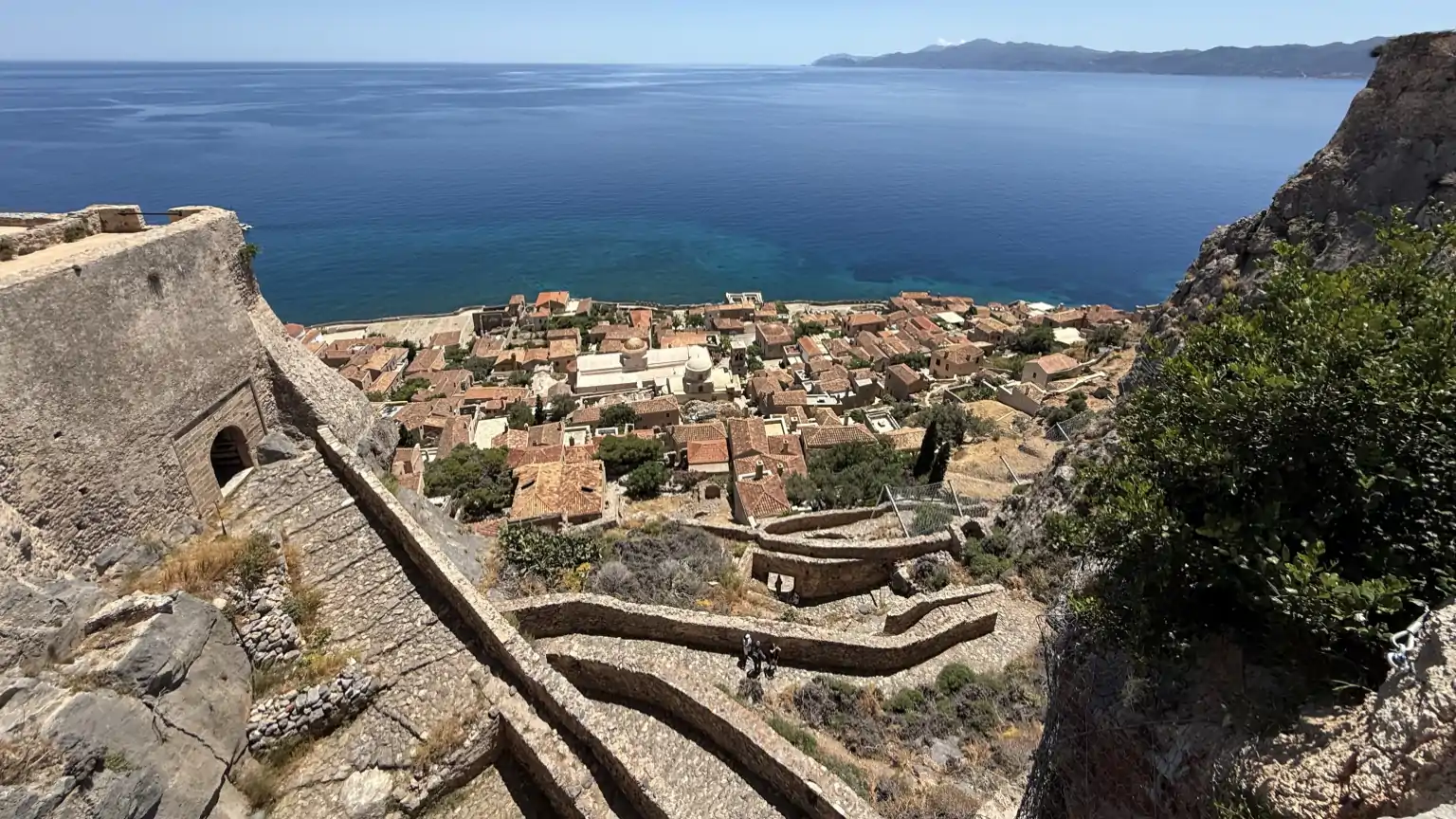 View of lower Monemvasia with the path to the upper town.
